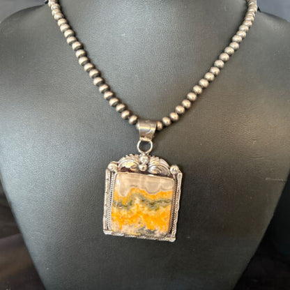 Navajo Bumblebee Jasper Pendant Necklace | Canary Yellow | Sterling Silver | Authentic Native American Handmade | 14249