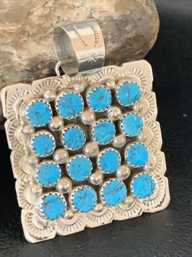 Navajo Blue Turquoise Cluster Pendant | Sterling Silver | 2" | Authentic Native American Handmade | 02098