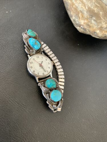 Navajo Women's Sterling Silver Watch Tips with Blue Turquoise Band | Authentic Native American Jewelry | Old Pawn | 12140