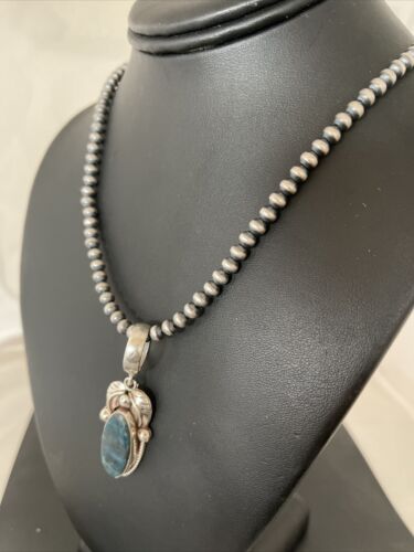 Men's Navajo Sterling Silver Beads Necklace | Denim Lapis Pendant | 2" | Authentic Native American Handmade | 1211