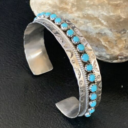 Native American Zuni Blue Turquoise Cuff Bracelet | Sterling Silver Handmade | 12694 - Masha USA