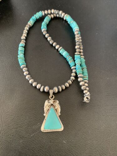 Navajo Pearls Sterling Silver Necklace with Blue Kingman Turquoise Pendant | Authentic Native American Handmade | 12496