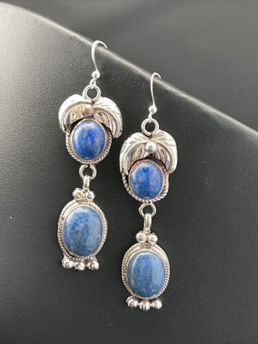 Navajo Denim Lapis Dangle Earrings | Sterling Silver | 2" | Authentic Native American Handmade | 01794