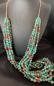 Men's Santo Domingo Blue Turquoise Coral Necklace | 36" Bead Nugget | Authentic Native American Handmade | 13185