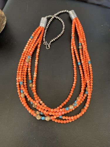 Navajo Pink Coral 5-Strand Turquoise Bead Necklace | Sterling Silver | 25" | Authentic Native American Handmade | 12510