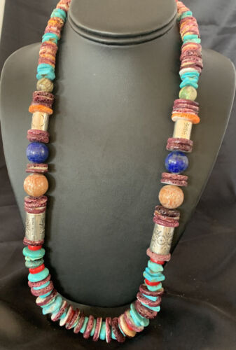 Navajo Turquoise Spiny Oyster Coral Lapis Necklace | Sterling Silver | 24" | Authentic Native American Handmade | 11871