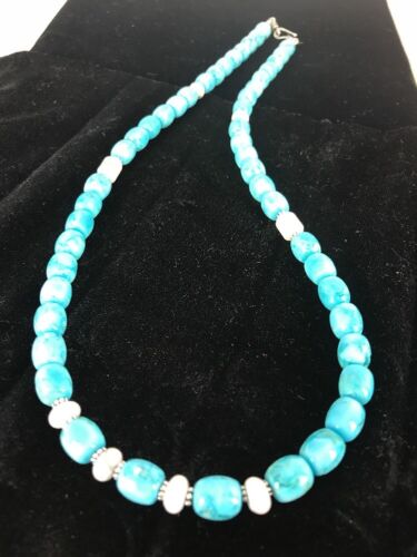 Navajo Blue Turquoise & Howlite Necklace | Sterling Silver | 21" | Authentic Native American Handmade | 3395 - Masha USA