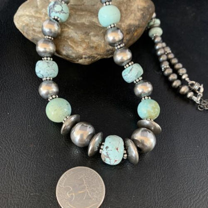 Dry Creek Turquoise Navajo Pearls Beaded Necklace | Sterling Silver | 25" | Authentic Native American Handmade | 14103 - Masha USA