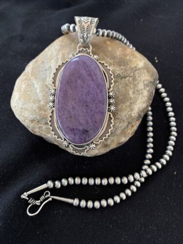Southwestern Navajo Pearls Necklace | Sterling Silver Charoite Pendant | Authentic Native American Handmade | 1280