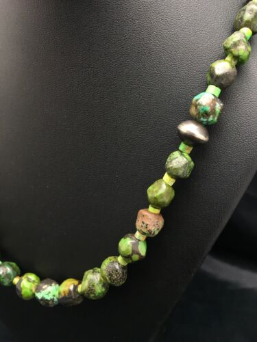 Navajo Green Nugget Graduated Turquoise Necklace | Sterling Silver | Authentic Native American | 24" | 8102