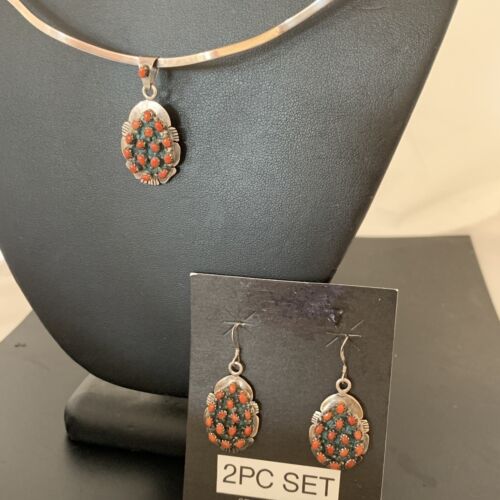 Navajo Sterling Silver Red Coral Cluster Pendant Earrings Set | Authentic Native American Handmade | 02155