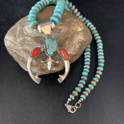 Navajo Sterling Silver Necklace | Blue Turquoise & Coral Naja Pendant | Authentic Native American Handmade | 13747