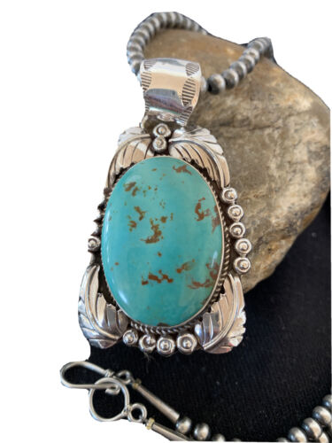 Navajo Pearls Necklace with Kingman Turquoise Pendant | Sterling Silver | Authentic Native American Handmade | 809