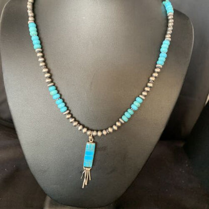 Navajo Blue Turquoise Inlay Pendant Necklace | Sterling Silver | Native American Handmade | 13836