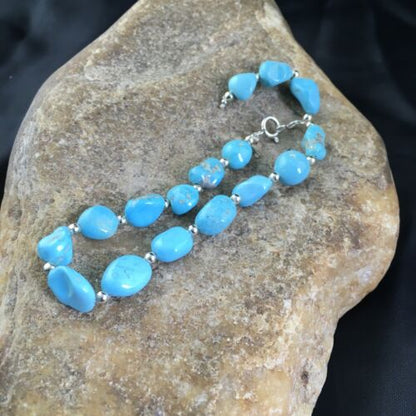 Navajo Sterling Silver Sleeping Beauty Turquoise Bracelet | 6.5" | Authentic Native American Handmade | 10144