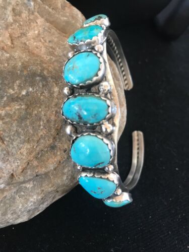 Navajo 7 Stone Turquoise Bracelet by Platero | Sterling Silver | Authentic Native American Handmade | 8309