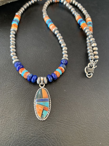 Navajo Native American Multi-Color Turquoise Spiny Inlay Pendant Necklace | Sterling Silver | 10660