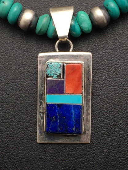 Navajo Turquoise & Lapis Inlay Pendant Necklace | Sterling Silver | 19" | Authentic Native American Handmade | 4077