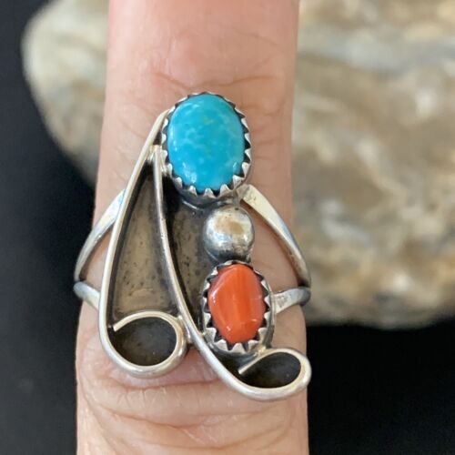 Navajo Coral Blue Turquoise Multi-Stone Ring | Authentic Native American Sterling Silver | Sz 6.5 | 10826