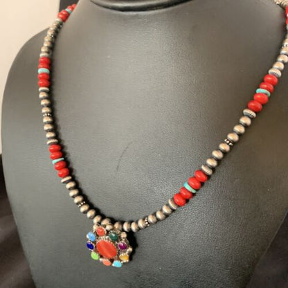 Southwestern Navajo Multi-Stone Necklace | Sterling Silver Coral & Turquoise Pendant | 21" | 12580