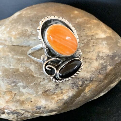 Navajo Black Onyx Orange Spiny Oyster Multi-Stone Ring | Authentic Native American Sterling Silver | Sz 11 | 02168