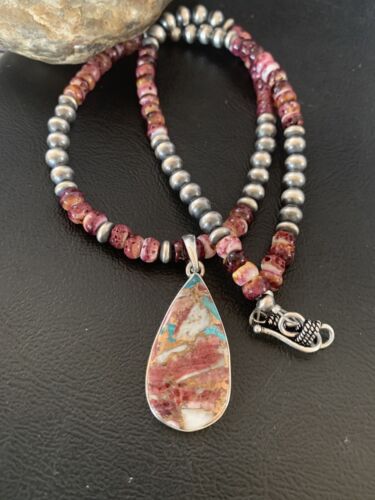 Native American Navajo Purple Spiny Oyster Pendant Necklace | Sterling Silver | 11901