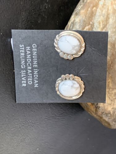 Navajo Sterling Silver White Howlite Oval Earrings | 0.50" | Authentic Native American Handmade | 13374