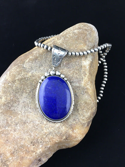 Men's XL Navajo Pearls Necklace Pendant | Sterling Silver Blue Lapis | Authentic Native American Handmade | 10116
