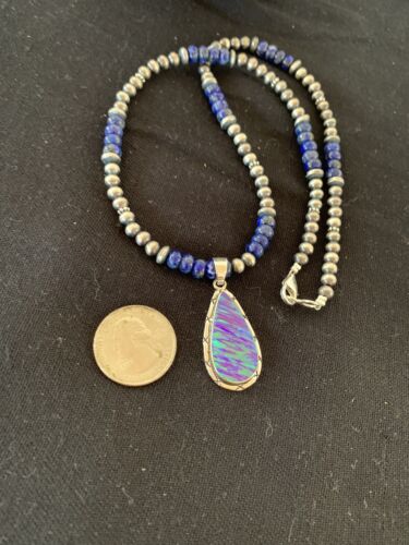 Southwestern Navajo Purple Opal Lapis Pendant Necklace | Sterling Silver | Authentic Native American Handmade | 00592