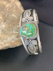 Navajo Green Sonoran Gold Turquoise Cuff Bracelet | Sterling Silver | Authentic Native American Handmade | 13830