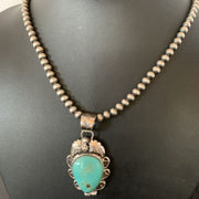 Men's Navajo Pearls Necklace with Blue Turquoise Pendant | Sterling Silver | Authentic Native American Handmade | 11137
