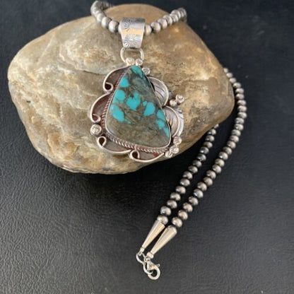 Navajo Spiderweb Turquoise Pendant Necklace | Sterling Silver | 2.25" | Authentic Native American Handmade | 14060