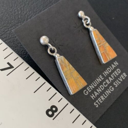 Navajo Orange Spiny Oyster Inlay Earrings | Sterling Silver | Authentic Native American Handmade | 12677