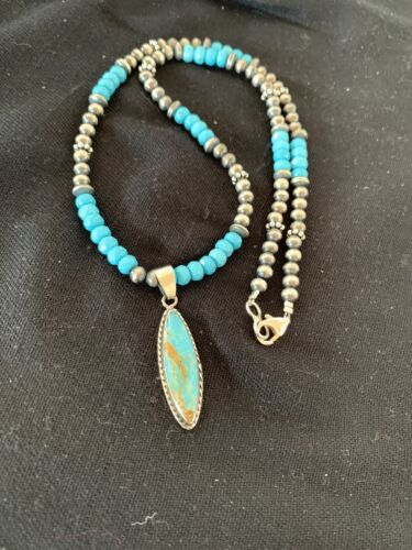 Navajo Blue Faceted Turquoise Pendant Necklace | Sterling Silver | Authentic Native American Handmade | 563 - Masha USA