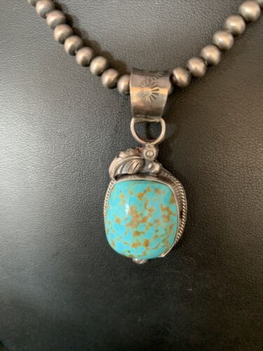 Men's Blue Turquoise #8 Necklace Pendant | Sterling Silver Navajo Pearls | Native American Handmade | 13765