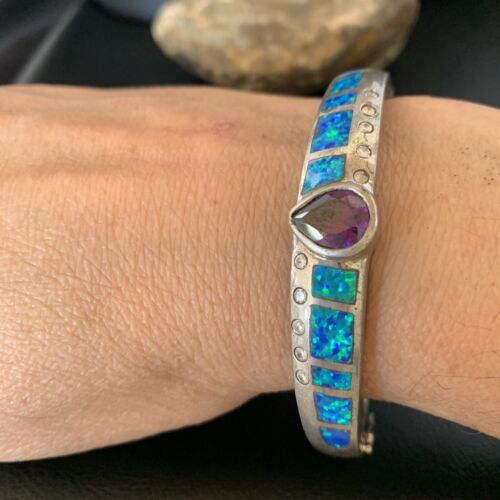 Southwestern Navajo Blue Opal Amethyst Bracelet | Sterling Silver | 7" | 13122