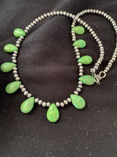Navajo Green Mojave Turquoise Necklace | Sterling Silver | Authentic Native American Handmade | 01315