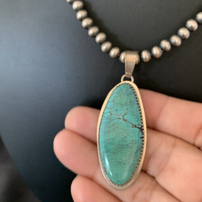 Navajo Pearl Necklace with Blue Spiderweb Turquoise Pendant | Sterling Silver | 13257