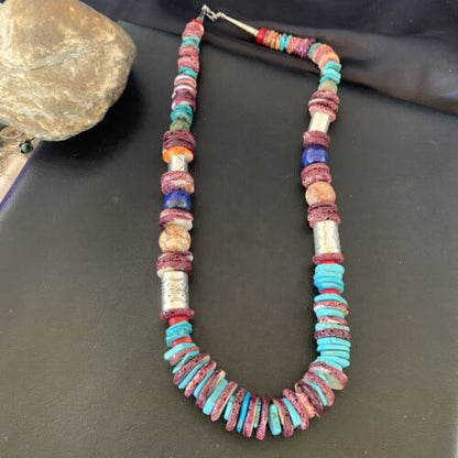 Navajo Sterling Silver Necklace | Turquoise, Spiny Oyster, Coral, Lapis | 24" | Authentic Native American | 10825