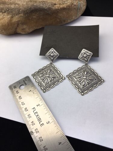 Native American Navajo Stamped Earrings | Sterling Silver | 2.75" | 1733 - Masha USA