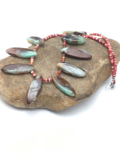 Navajo Green Chrysoprase & Spiny Oyster Necklace | Sterling Silver | 20" | Authentic Native American Handmade | 4284
