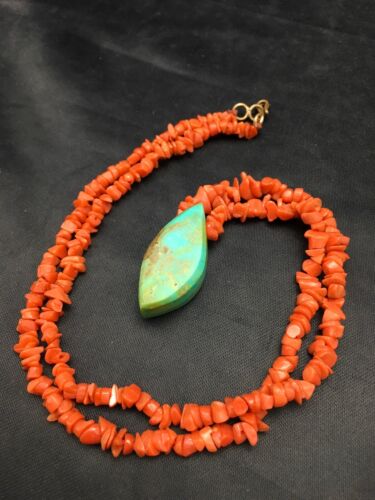 Native American Turquoise Coral Pendant Necklace | Brass Old Pawn | 19" | 4005 - Masha USA
