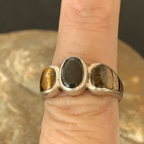 Navajo Black Onyx Coffee Tigers Eye Inlay Ring | Sterling Silver | Sz 8 | Authentic Native American Handmade | 10732