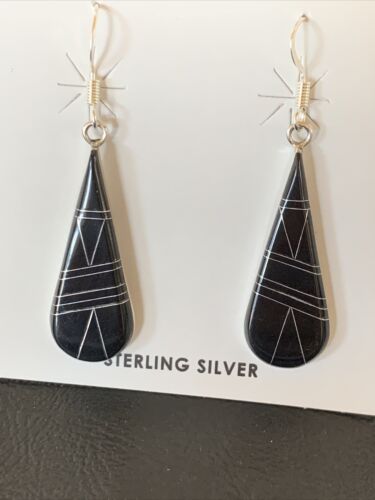 Navajo Black Onyx Inlay Dangle Drop Earrings | Sterling Silver | 1.5" | 12312 - Masha USA