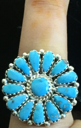 Navajo Blue Kingman Turquoise Cluster Ring | Authentic Native American Sterling Silver | Multi-Stone | Sz 7 | 10114