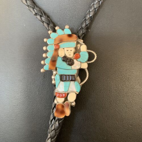 Men's Bolo Tie | Zuni Kachina | Blue Kingman Turquoise & Coral | Sterling Silver | 13672