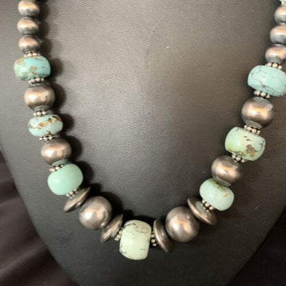 Dry Creek Turquoise Navajo Pearls Beaded Necklace | Sterling Silver | 21" | Authentic Native American Handmade | 14102 - Masha USA