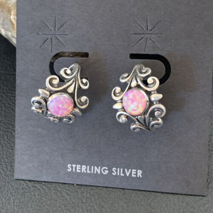 Native American Women's Navajo Hoop Earrings Set | Sterling Silver Pink Opal | 12764
