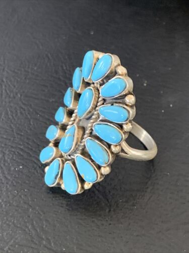 Navajo Blue Cluster Turquoise Needlepoint Ring | Authentic Native American Sterling Silver | Multi-Stone | Sz 8 | 11941