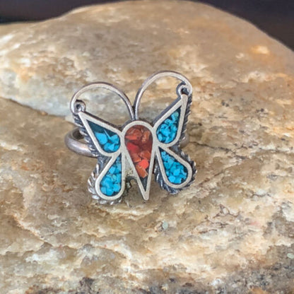 Navajo Women's Butterfly Turquoise Ring | Sterling Silver Inlay | Sz 5 | Authentic Native American | 10891